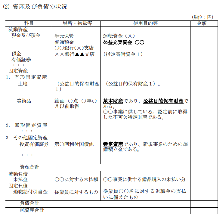 公益法人会計基準,資産及び負債の状況